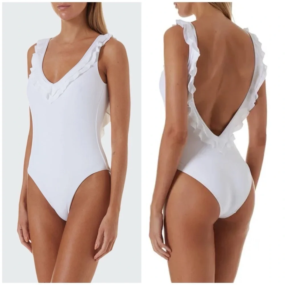 NWT Melissa Odabash Seville V Neck Ruffle One Piece Swimsuit White Sz 6
